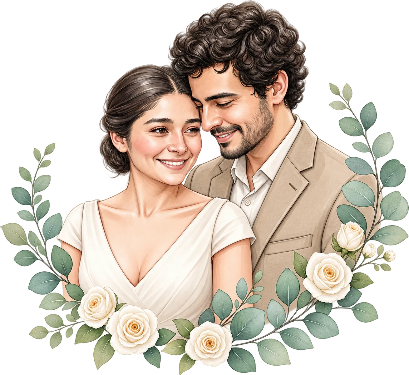 Romantic portrait of a couple in a natural, airy setting.